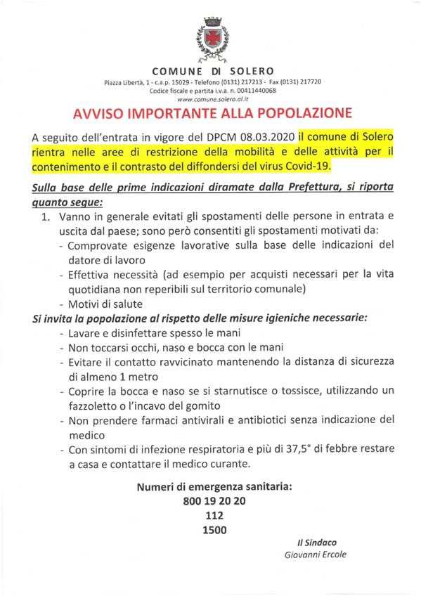 AVVISO IMPORTANTE ALLA POPOLAZIONE